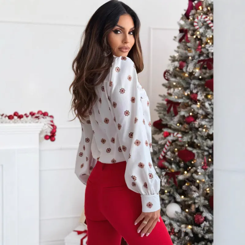 Womens Long Sleeve Shirt  Tailored Fit  Satin Look  Bow Tie Collar  Printed Design