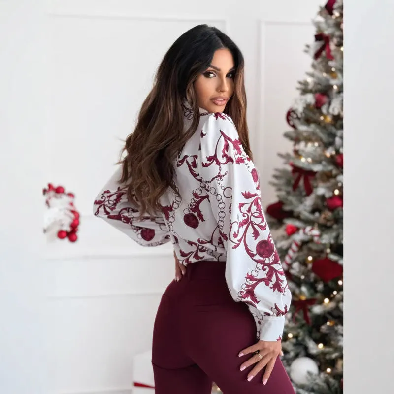 Womens Long Sleeve Shirt  Tailored Fit  Satin Look  Bow Tie Collar  Printed Design