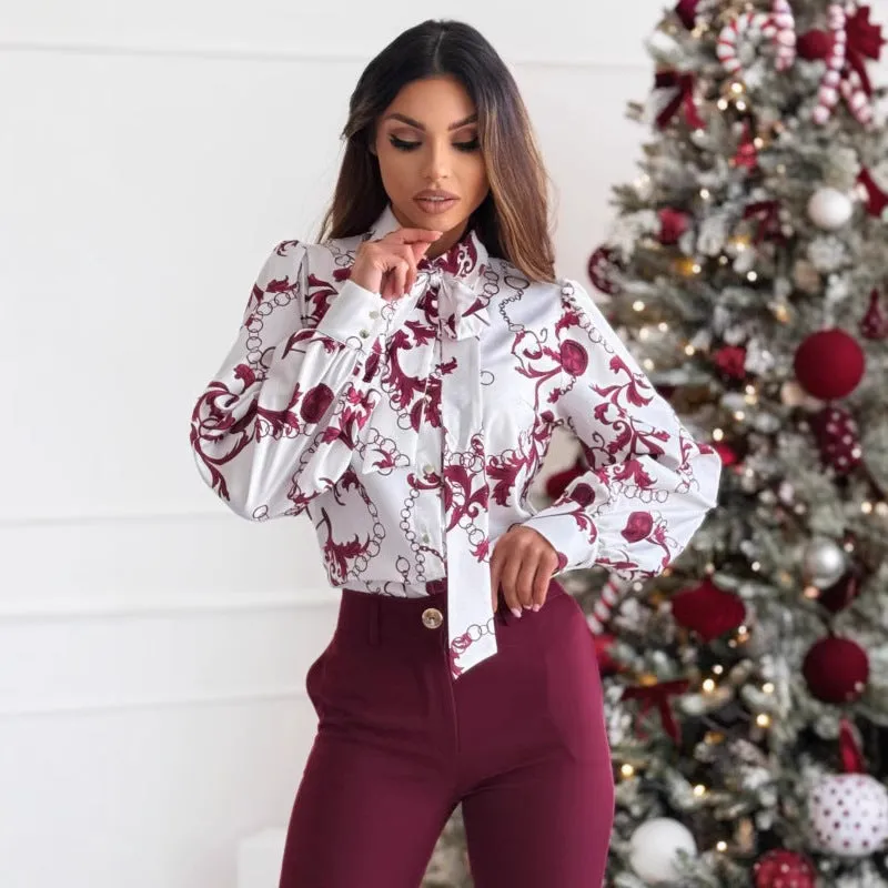 Womens Long Sleeve Shirt  Tailored Fit  Satin Look  Bow Tie Collar  Printed Design