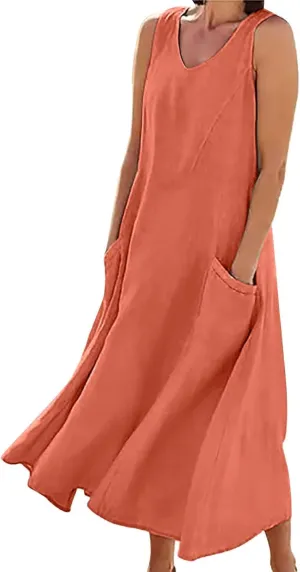 Women's Summer Casual Loose Sundresd Women's Summer Casual Sleeveless Long Maxi Beach Dress Cotton Linen Summer